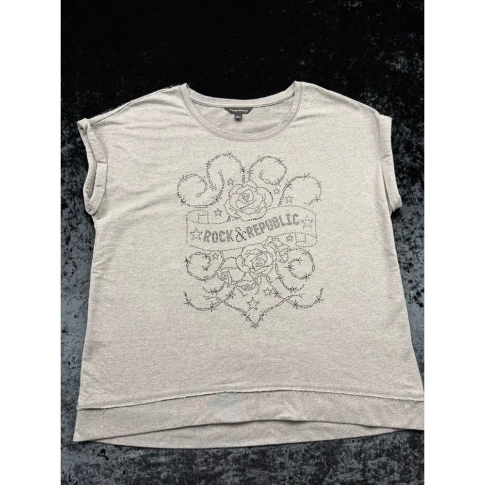 Rock & Republic Women 1X Gray Rhinestone Rose Graphic Dolman Sweatshirt Top